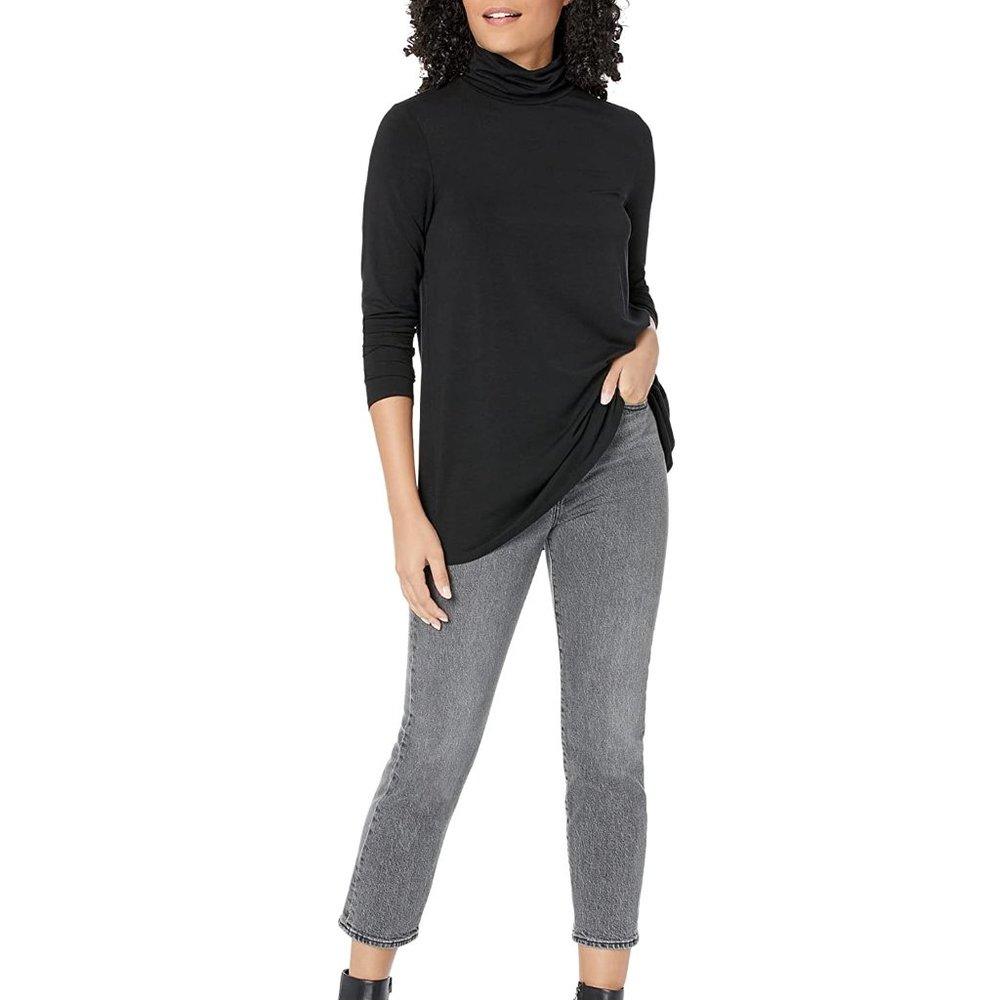 Eileen Fisher Lightweight Tencel Jersey Scrunch Neck Long Tunic Top PM, BLK